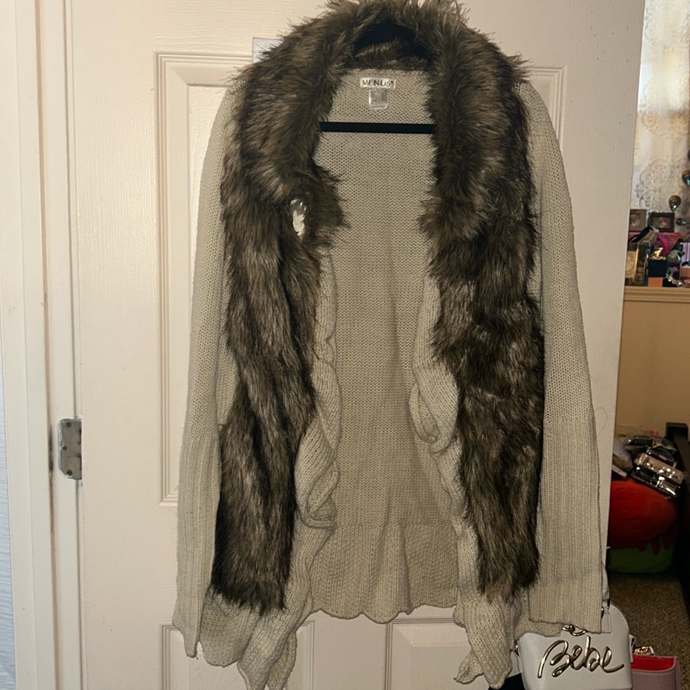 Venus Size M Tan Open Long Sweater with Fur and Ruffle Trim